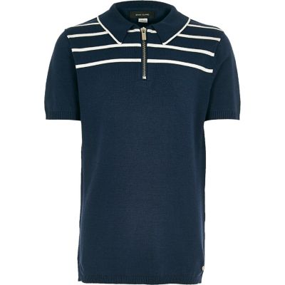 Boys navy stripe knitted zip polo shirt